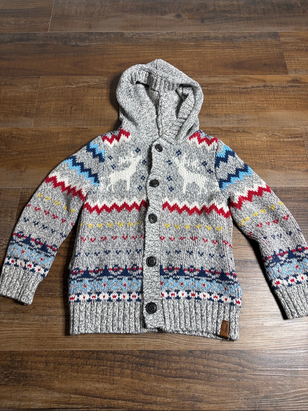 Kids Hooded Fair Isle Button-Up Cardigan Jacket - Gray with Multicolor Pattern